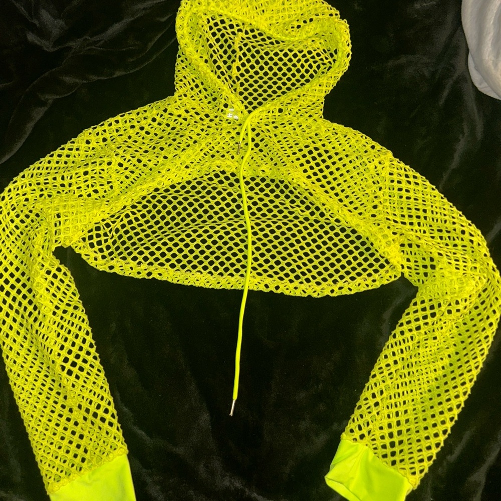Neon green and yellow mesh super cropped hoodie #rave #festivalvibes #partytop